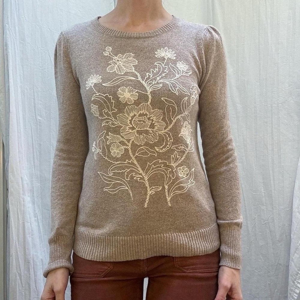 Floral Embroidered Tan Sweater Wool Cotton‎ Blend